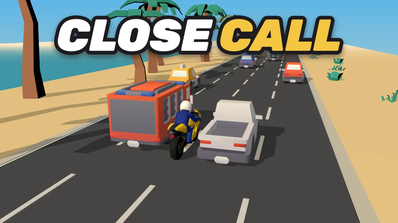 A motorbike rider squeezing between a fire truck and a pickup on a beach road.