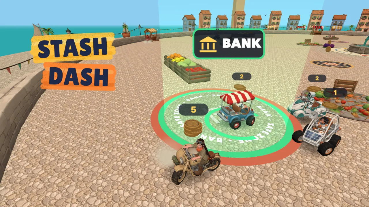 Karts and a motorbike circling the bank in a seaside town square.