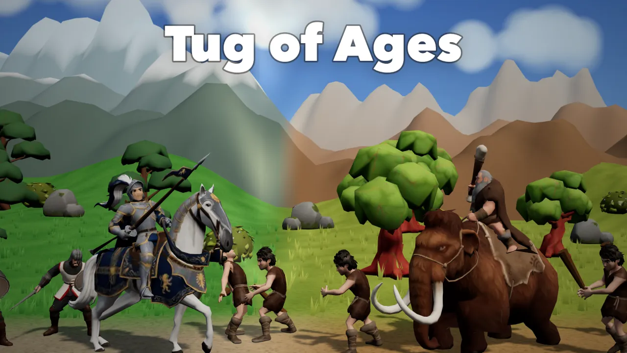 A knight on horseback and his soldiers facing cavemen and a rider on a mammoth.